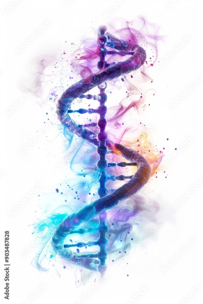 Fototapeta premium A vibrant DNA strand depicted with abstract patterns in a watercolor style.