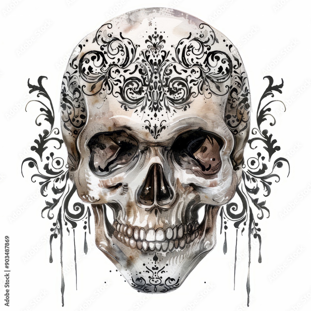 Fototapeta premium Watercolor painting of a skull with intricate gothic patterns, on isolated white background, Generative AI