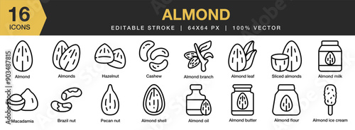 Almond icon set. Editable Stroke Icon Collection. Includes almond branch, almond butter, brazil nut, pecan nut, hazelnut, cashew, and More. Outline icons vector collection.