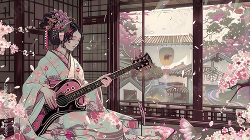 A Woman in a Kimono Plays Guitar in a Traditional Japanese Setting.