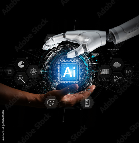 Chat with AI or Artificial Intelligence. Young businessman chatting with a smart AI or artificial intelligence using an artificial intelligence chatbot developed by OpenAI.