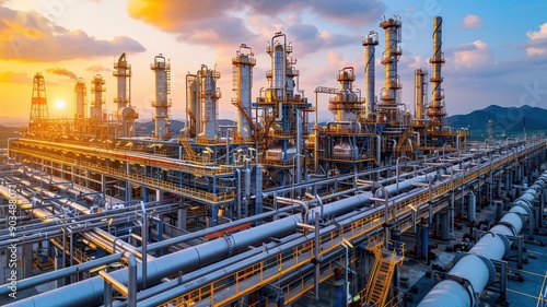 Wallpaper Mural Wide shot of an expansive oil refinery, towering pipelines and structures, bustling with activity, industrial power and scale Torontodigital.ca