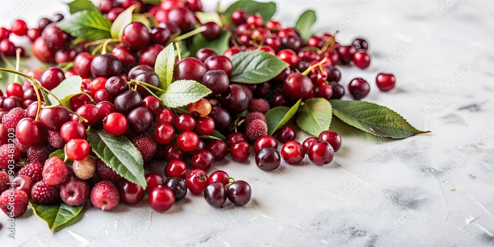 Assorted red berries with leaves on white background, fruits rouges, strawberries, raspberries, cherries, currants, cranberries
