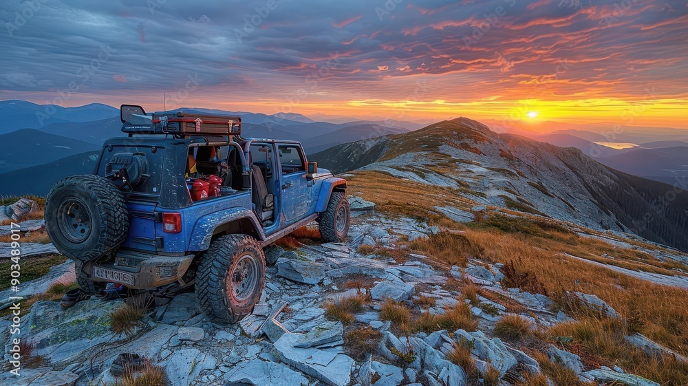 Off-road vehicle with an open trunk full of gear, parked on a mountain with a stunning sunset backdrop Off-road vehicle with an open trunk full of gear, parked on a mountain with a stunning sunset backdrop