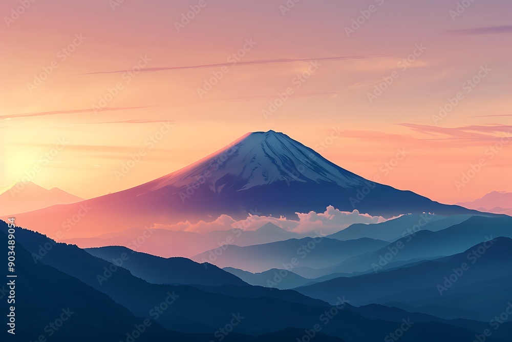 Majestic Mount Fuji at Sunrise, Silhouetted Against a Pink and Orange Sky. Majestic Mount Fuji at Sunrise, Silhouetted Against a Pink and Orange Sky.