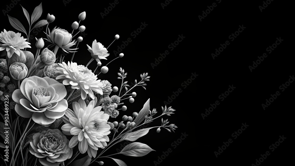 Monochrome floral arrangement with delicate blooms on a black background, monochrome, bloom, floral, arrangement, delicate Monochrome floral arrangement with delicate blooms on a black background, monochrome, bloom, floral, arrangement, delicate