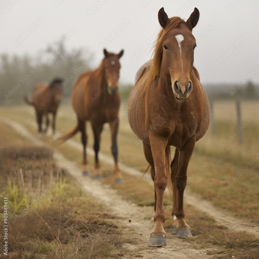 Tranquil Rural Landscape with Three Brown Horses Walking on a Dirt Path – Nature and Farm Life Scene Tranquil Rural Landscape with Three Brown Horses Walking on a Dirt Path – Nature and Farm Life Scene