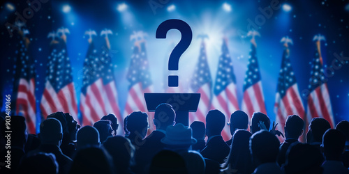 A crowd faces a podium with a question mark, surrounded by American flags, highlighting political uncertainty or an impending important announcement. photo