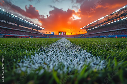 A picturesque sunset setting over a sports arena with prominent England and Netherlands flags.