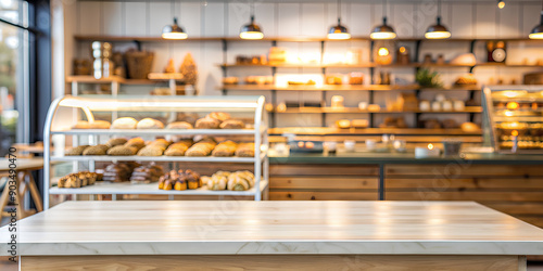 Empty white wooden table with blur background of bakery shelf