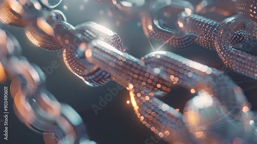 A chain is shown against a blurry background, representing strength and security, Represent the transparency and immutability of data on a blockchain photo