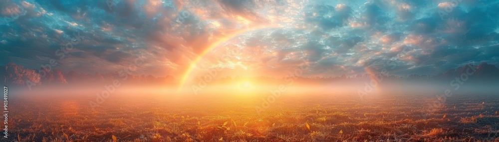 Fototapeta premium Rainbow stretching over a field of grass with clouds in the background, capturing a moment of serenity and wonder,The images are of high quality and clarity