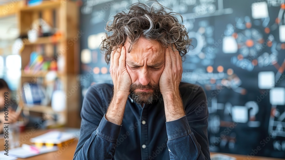 Stressed teacher with a headache at the chalkboard, capturing the demanding nature of the profession,The images are of high quality and clarity Stressed teacher with a headache at the chalkboard, capturing the demanding nature of the profession,The images are of high quality and clarity
