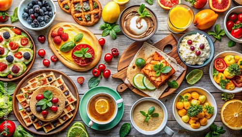 Wallpaper Mural Table full of colorful and delicious brunch dishes , brunch, food, breakfast, table, variety, dishes, eggs, toast, fruit Torontodigital.ca