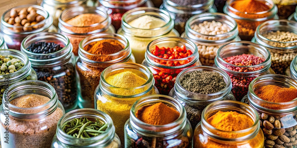Collection of various spices in glass jars, spices, jars, collection, ingredients, cooking, kitchen, culinary, variety Collection of various spices in glass jars, spices, jars, collection, ingredients, cooking, kitchen, culinary, variety
