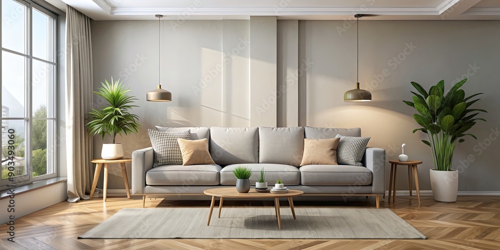Modern living room with a comfortable sofa , minimalistic, elegant, contemporary, interior design, cozy, spacious Modern living room with a comfortable sofa , minimalistic, elegant, contemporary, interior design, cozy, spacious