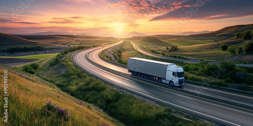 Semi Truck on Serene Countryside Highway at Dusk with Stunning Sunset