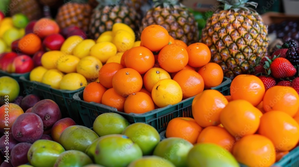 Colorful and abundant display of fresh tropical fruits at a local outdoor market stall showcasing a wide variety of ripe and juicy produce for sale to customers Colorful and abundant display of fresh tropical fruits at a local outdoor market stall showcasing a wide variety of ripe and juicy produce for sale to customers