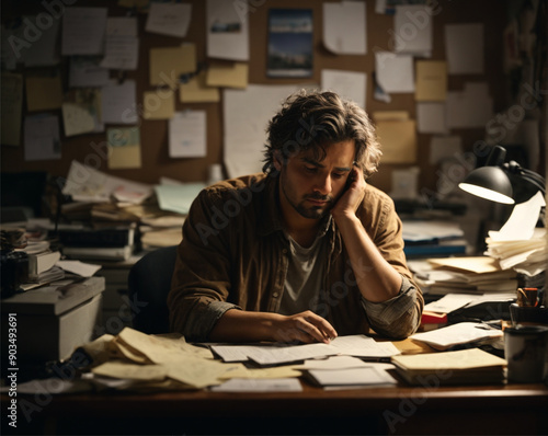 Exhausted Man Working Late in a Cluttered Office