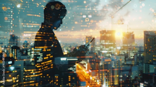 Silhouette of a Man using a Tablet, with an Urban Skyline Background