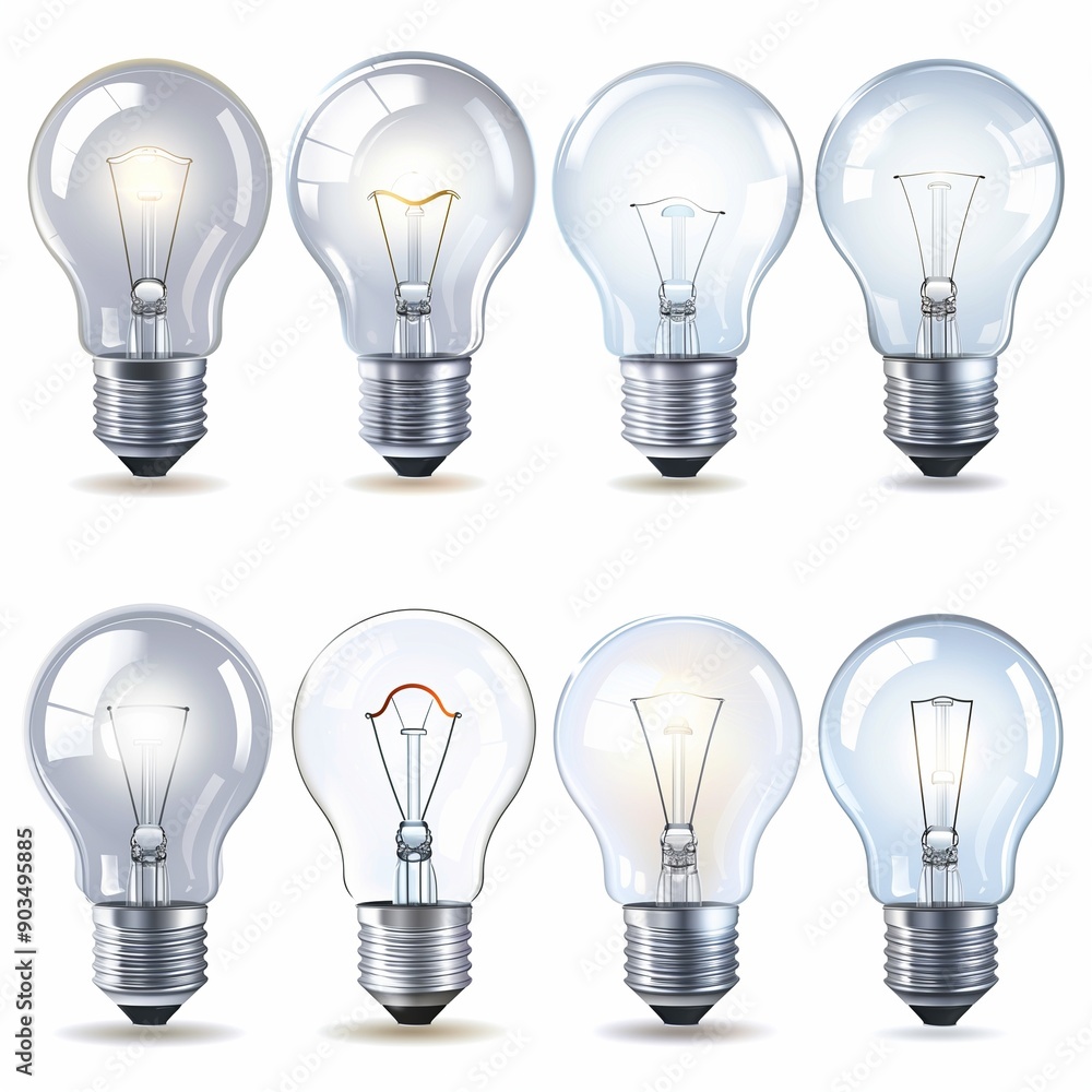 Collection of Realistic Light Bulb Illustrations with Various Filament Designs on White Background, Perfect for Energy, Innovation, and Technology Concepts. Collection of Realistic Light Bulb Illustrations with Various Filament Designs on White Background, Perfect for Energy, Innovation, and Technology Concepts.