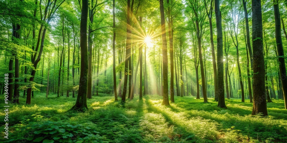 A beautiful and serene background of lush green forest with sunlight filtering through the trees, nature, outdoor, forest A beautiful and serene background of lush green forest with sunlight filtering through the trees, nature, outdoor, forest
