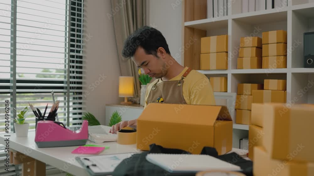 An entrepreneur is running his online small business, his preparation helped him a lot in filling out the information on the parcel, written to sort the order of products in the package. An entrepreneur is running his online small business, his preparation helped him a lot in filling out the information on the parcel, written to sort the order of products in the package.