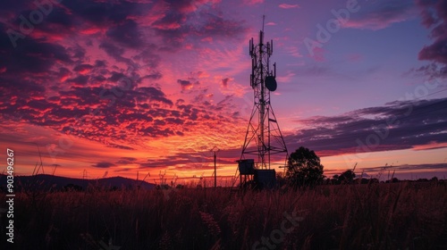 Silhouette of a Communication Tower Against a Vibrant Sunset