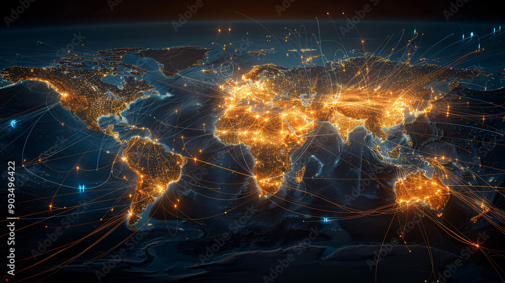 Interconnected Global Trade and Communication Routes on World Map Interconnected Global Trade and Communication Routes on World Map