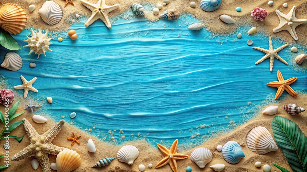 Naklejka premium Blue marine themed stage background with sea and beach items surrounded, blue, marine, themed, stage, background, sea, beach, items