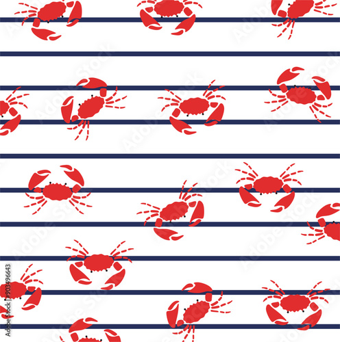 Crabs on marine stripes vector background