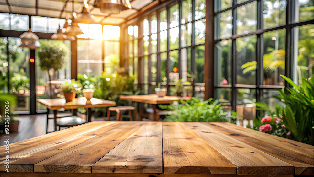 Empty Wooden table with blurry coffee, large window view of garden, perfect for products Empty Wooden table with blurry coffee, large window view of garden, perfect for products