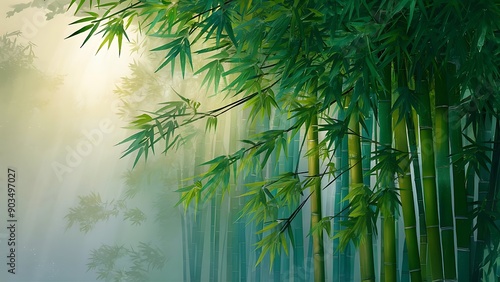 Serene Bamboo Forest in Morning Mist