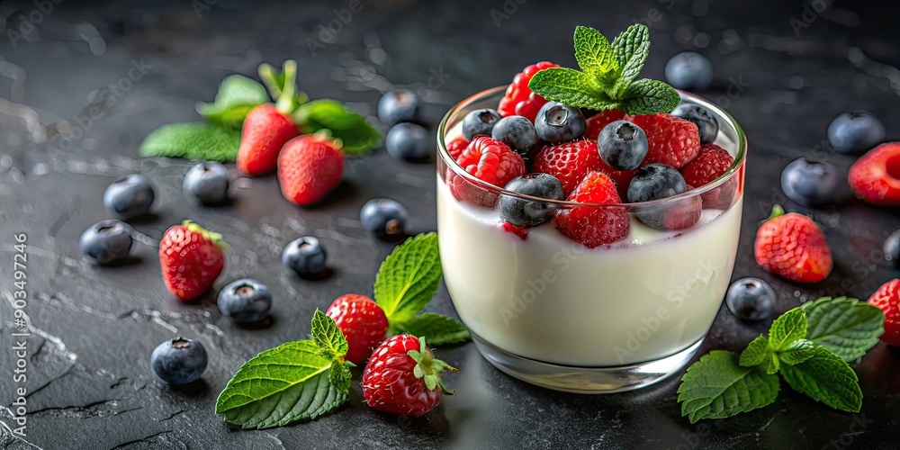 Yogurt with mixed berries and mint on dark background, yogurt, mixed berries, mint, healthy, breakfast, colorful Yogurt with mixed berries and mint on dark background, yogurt, mixed berries, mint, healthy, breakfast, colorful