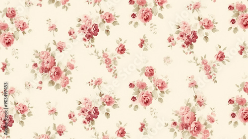 A pattern of small roses in shades of pink and red on an off-white background, patterns, background, wallpaper.