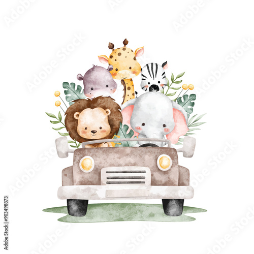 Watercolor Illustration Safari Animals in Car