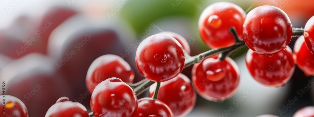 A tight shot of cherries clustered on a branch, adorned with water droplets Background softly blurred A tight shot of cherries clustered on a branch, adorned with water droplets Background softly blurred