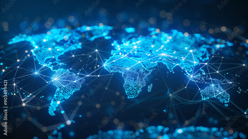 Global Communication Network: World Map with Digital Connections Across Continents Global Communication Network: World Map with Digital Connections Across Continents