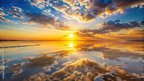 Beautiful sunset over the salt lake of Elton Baskunchak with golden hues reflecting on the water surface , landscape