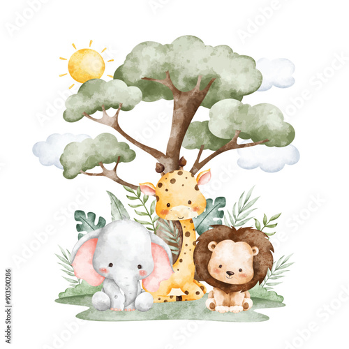 Watercolor Illustration Safari Animals Under the Tree