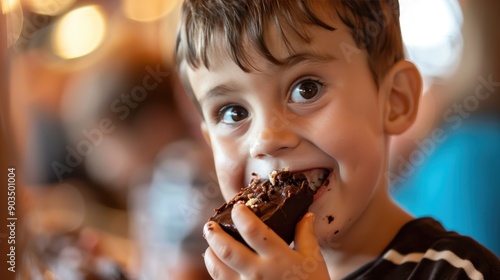 Joyful Young Boy Savoring Sweet Fudge at Family Gathering