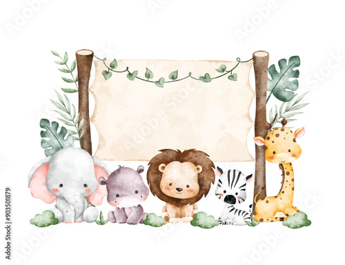 Watercolor Illustration Wooden Board and Safari Animals