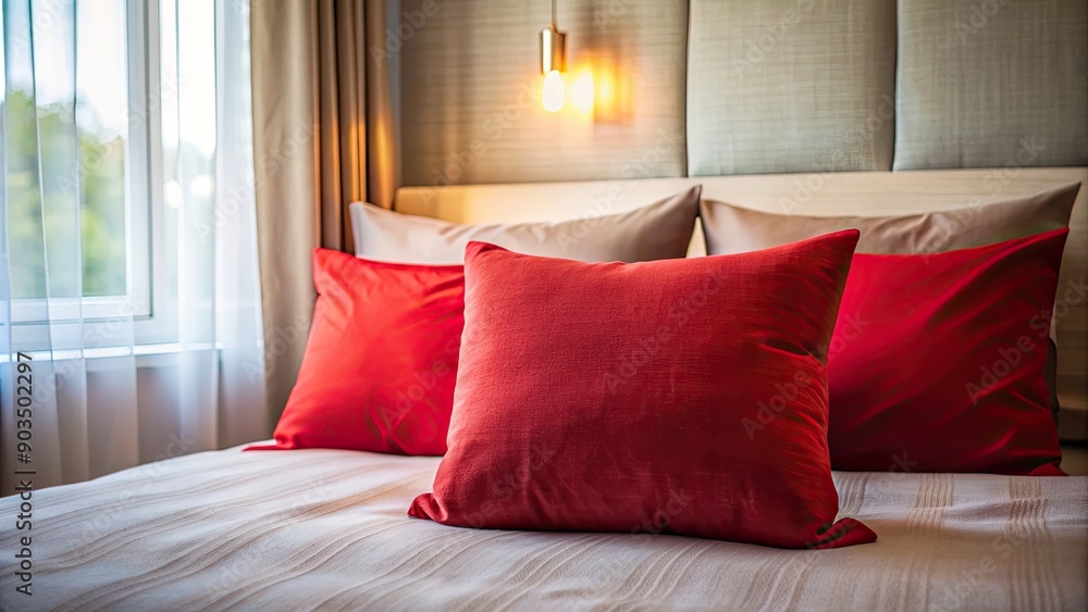 Red pillow placed on a bed in a cozy room , home decor, bedroom, interior design, comfortable, cushion, soft, fluffy, relaxation Red pillow placed on a bed in a cozy room , home decor, bedroom, interior design, comfortable, cushion, soft, fluffy, relaxation