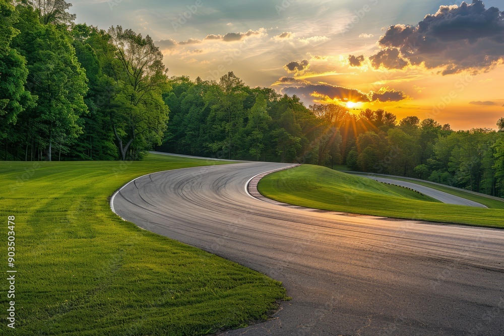 Fototapeta premium Empty race track and green woods nature landscape at sunset with generative ai