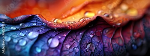  A tight shot of a multicolored bloom, adorned with water droplets on red, yellow, blue, purple, green, and orange petals photo