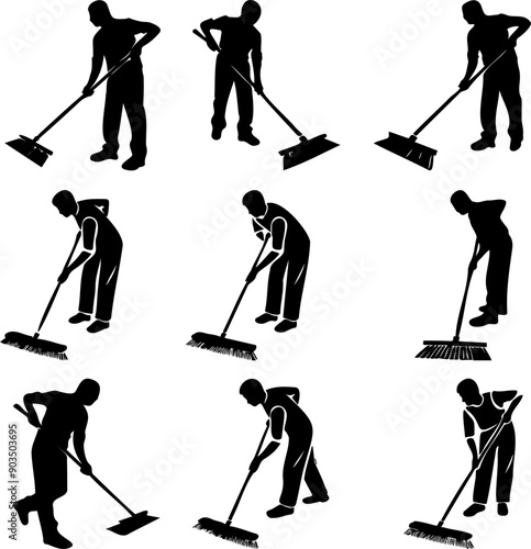 silhouette illustration of man sweeping the floor