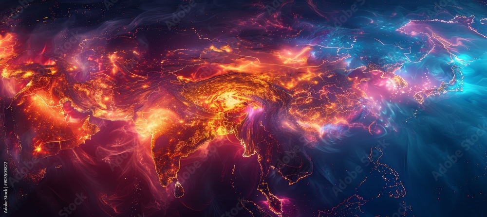 Abstract Digital Map of Asia with Glowing Networks Abstract Digital Map of Asia with Glowing Networks