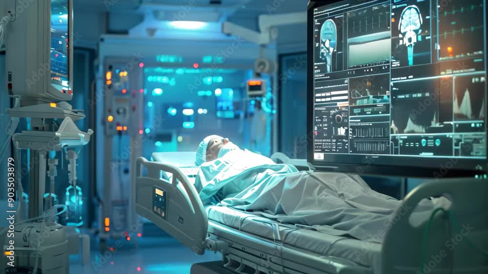 A hospital room featuring a monitor and bed, showcasing medical technology in action, Showcase the advancements in medical technology and healthcare A hospital room featuring a monitor and bed, showcasing medical technology in action, Showcase the advancements in medical technology and healthcare