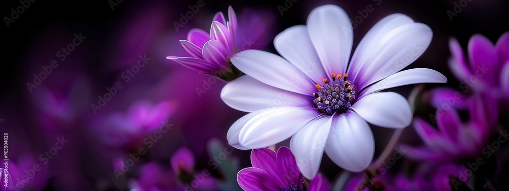 A tight shot of a purple-white bloom against a black backdrop, surrounded by similar flowers A tight shot of a purple-white bloom against a black backdrop, surrounded by similar flowers