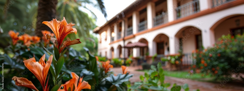 A building flanked by numerous orange flowers and lush greenery A building flanked by numerous orange flowers and lush greenery